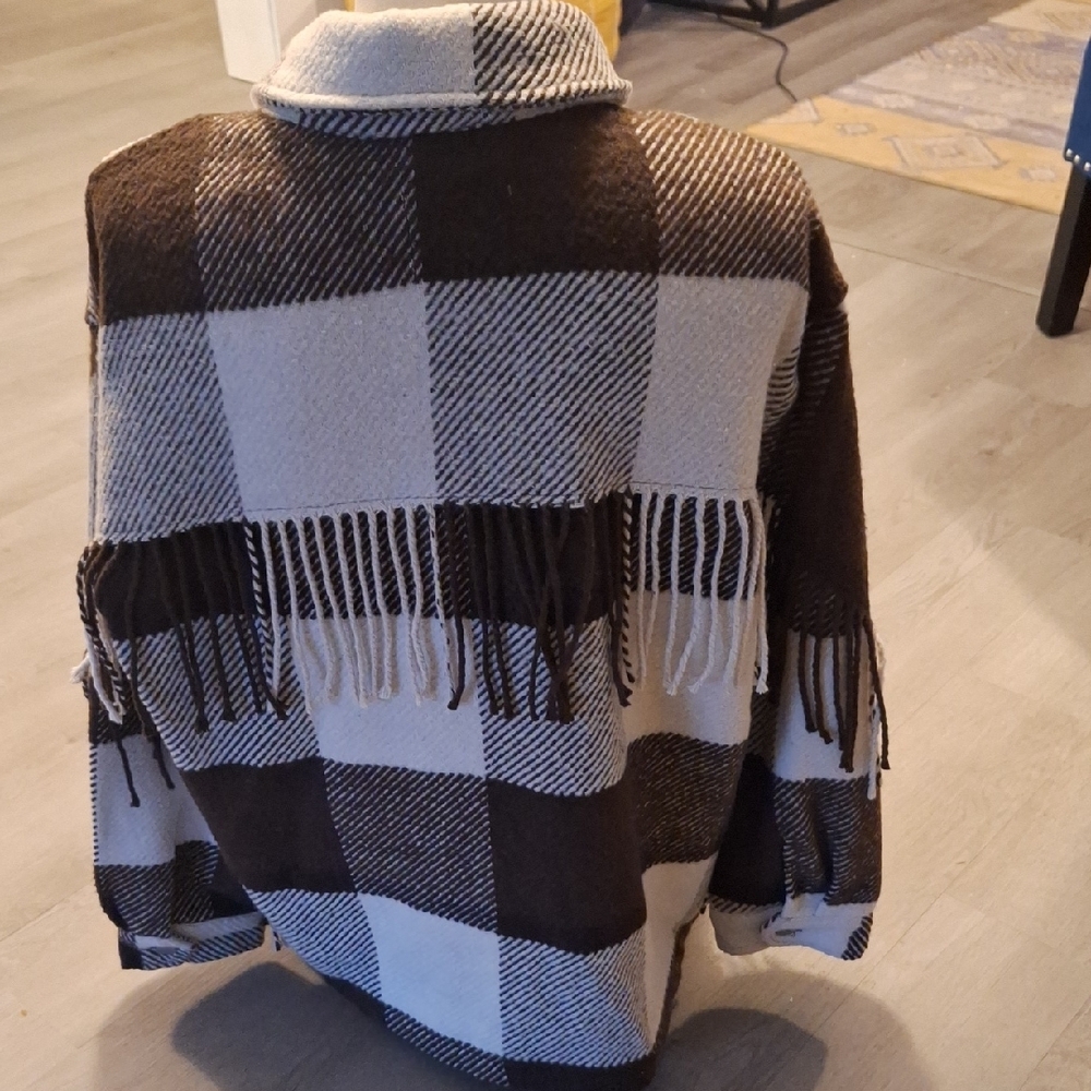 STOOSH Brown and White Plaid Fringe Barn Jacket - Picture 5 of 10